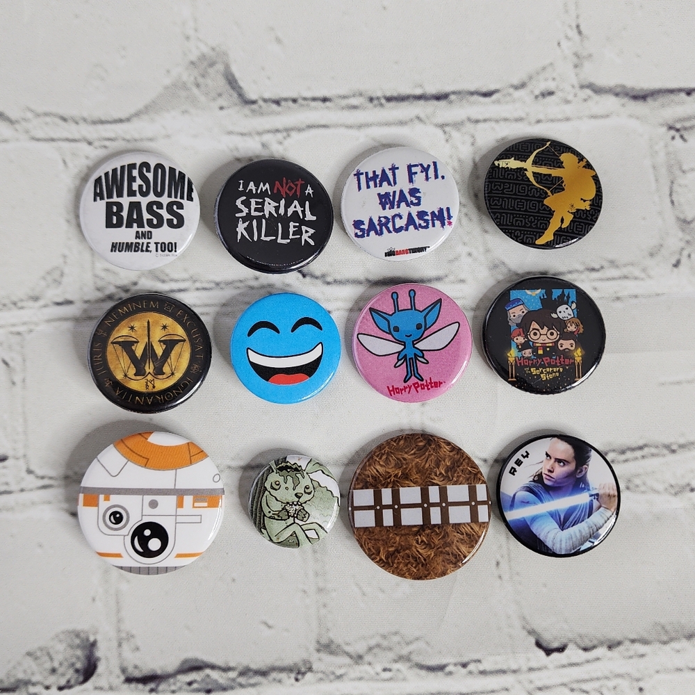Button Pin Lot of 12 Various Theme - Harry Potter, Star Wars, etc...